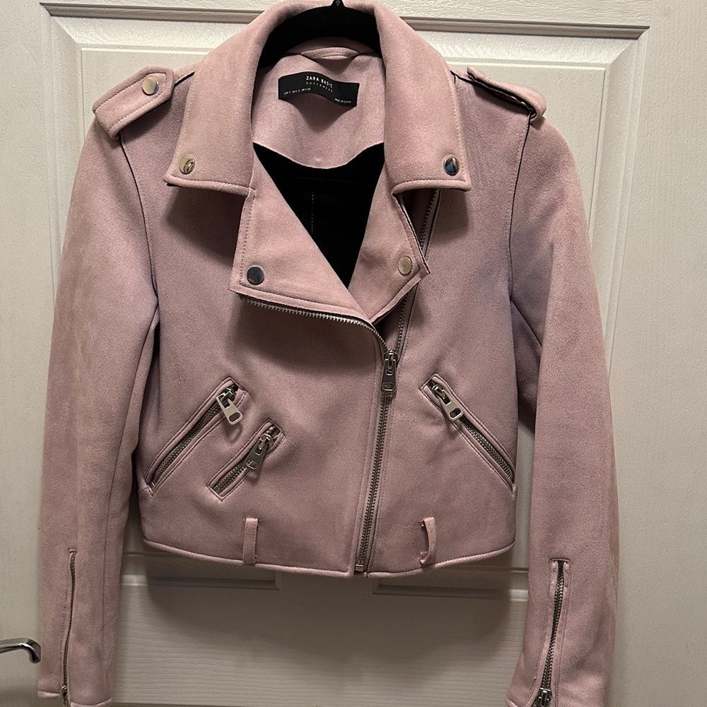 Zara Cropped Pink Faux Suede Biker Jacket Size S Zipper and Snap button detail